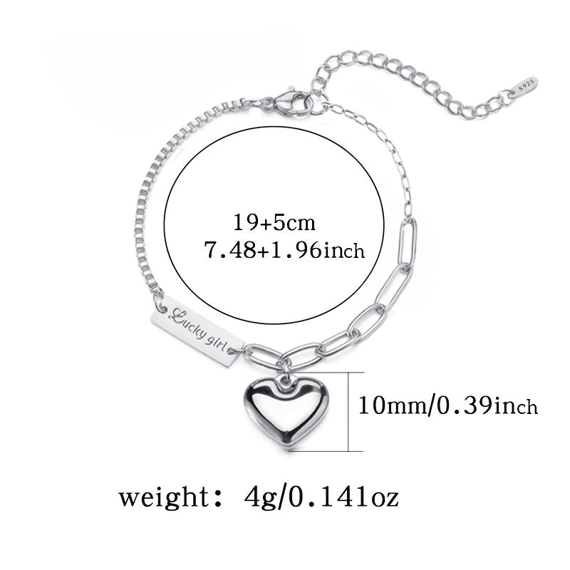 Elegant Vintage Rhodium Finish Sterling Silver Anklet with Box & Link Chain, High Polished Puffed Heart Charm