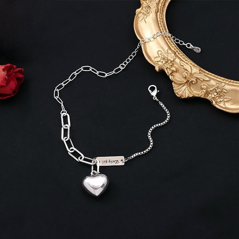 Elegant Vintage Rhodium Finish Sterling Silver Anklet with Box & Link Chain, High Polished Puffed Heart Charm