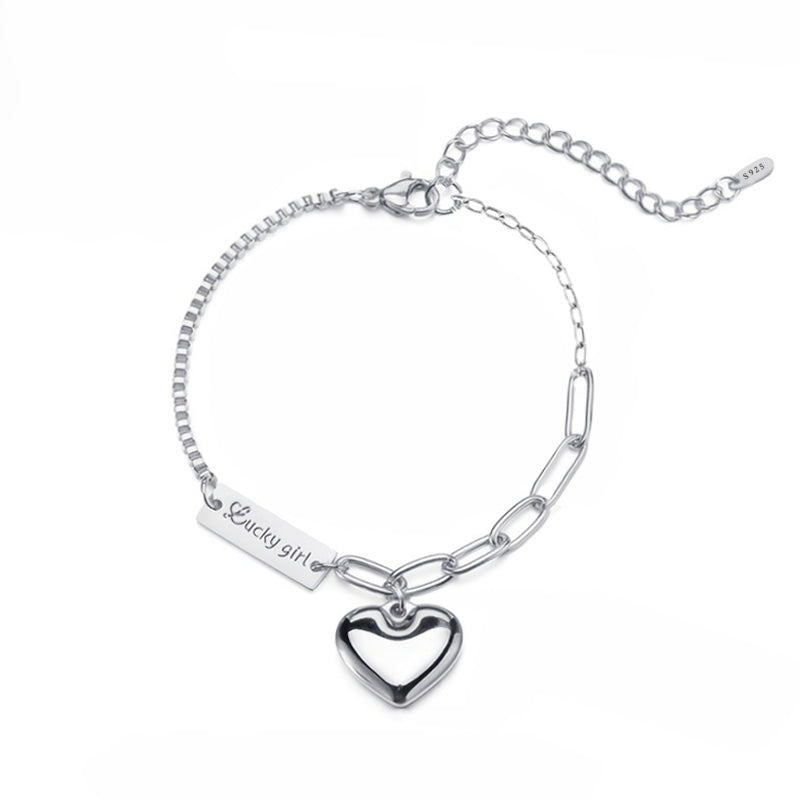 Elegant Vintage Rhodium Finish Sterling Silver Anklet with Box & Link Chain, High Polished Puffed Heart Charm